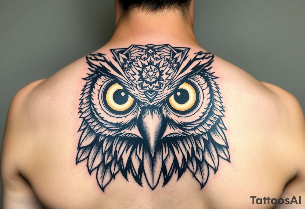 Owl head with large intense tripping on acid colored eyes without pupils, cyberpunk style  and geometry and glowing circle on the forheadl tattoo idea
