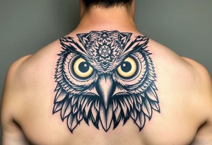 Owl head with large intense tripping on acid colored eyes without pupils, cyberpunk style  and geometry and glowing circle on the forheadl tattoo idea
