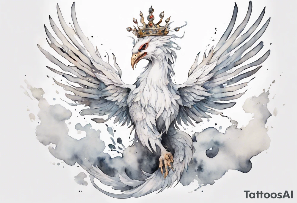 a white phoenix-serpent hybrid wearing a crown, flying in the air tattoo idea