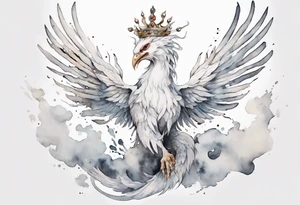 a white phoenix-serpent hybrid wearing a crown, flying in the air tattoo idea