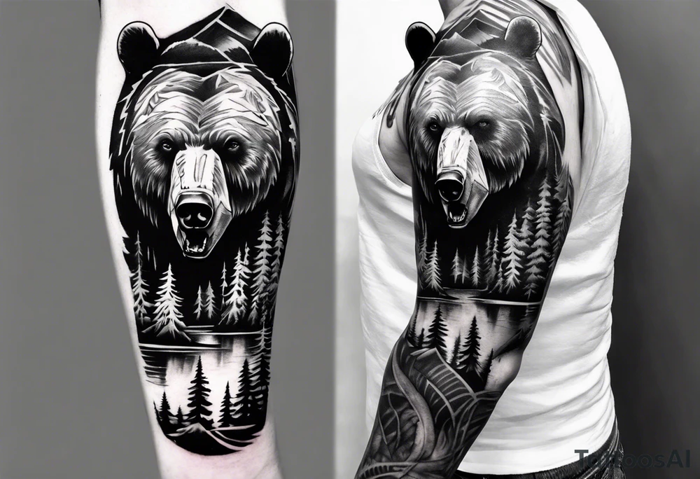 bear head right above the forest line with a lake below, full arm sleeve tattoo tattoo idea