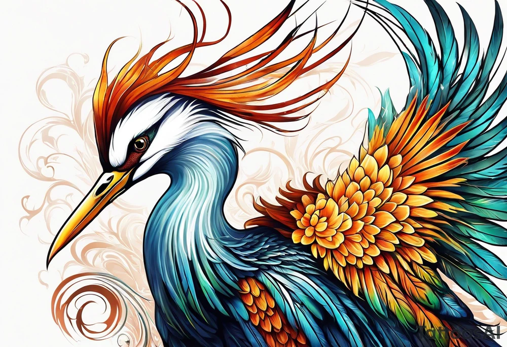 phoenix 
chinese 
egret
long tail 
elegant 
wings down
long neck
long feathers tattoo idea