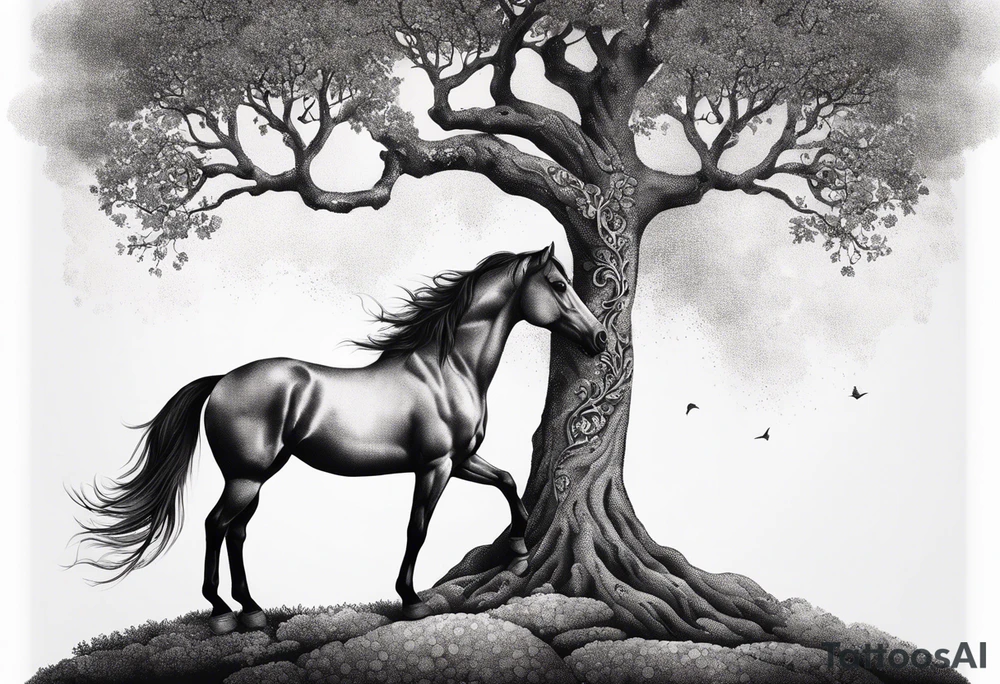 Realistic Horse and Yggdrasil tree tattoo idea