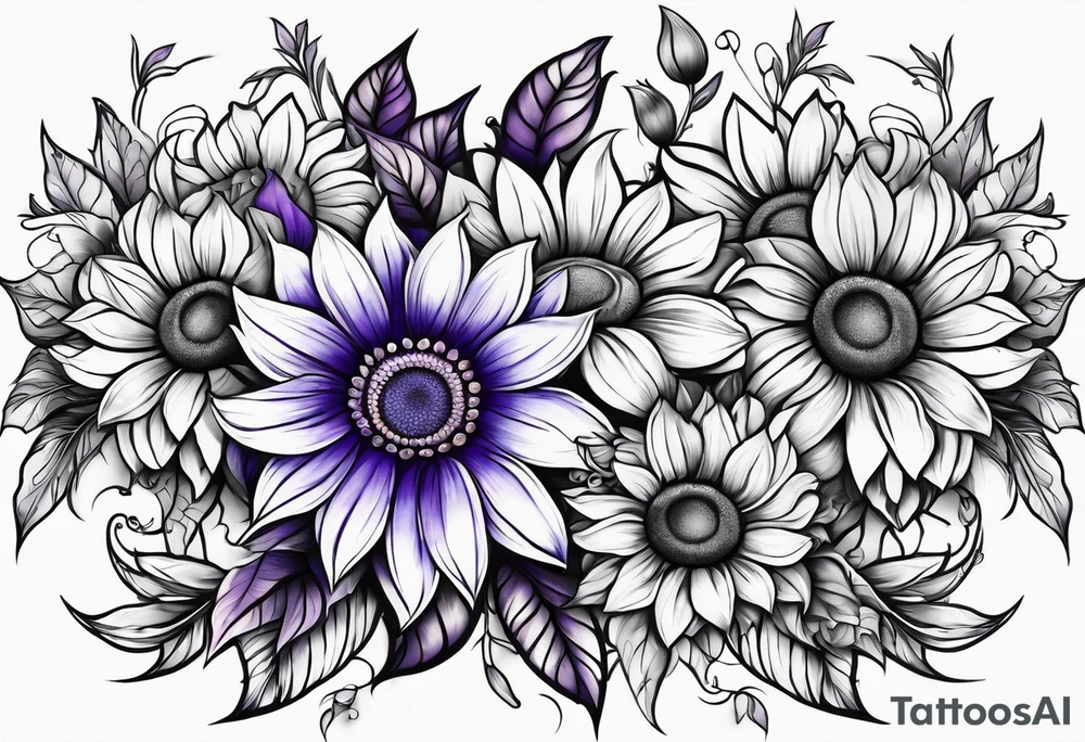 Full leg sleeve with purple, orange and blue sunflowers tattoo idea