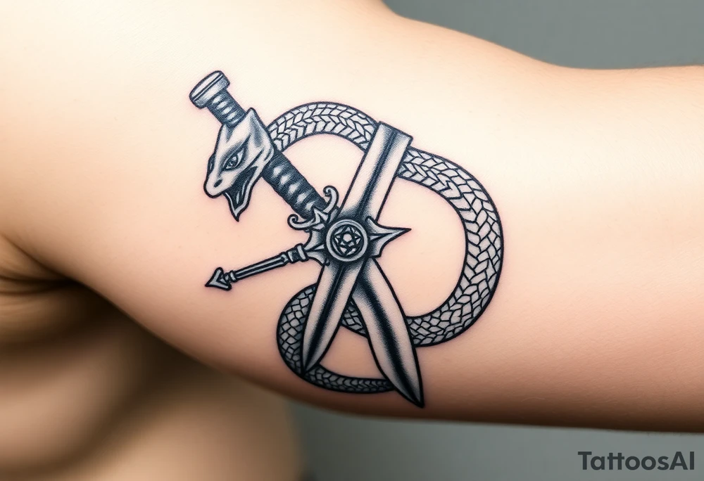 mystical snake coiled around an ancient dagger with jeweled hilt tattoo idea