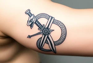 mystical snake coiled around an ancient dagger with jeweled hilt tattoo idea