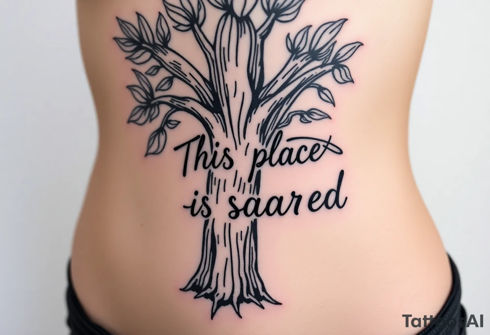 Hand written writing that says This place is sacred written on the trunk of a breadfruit tree tattoo idea