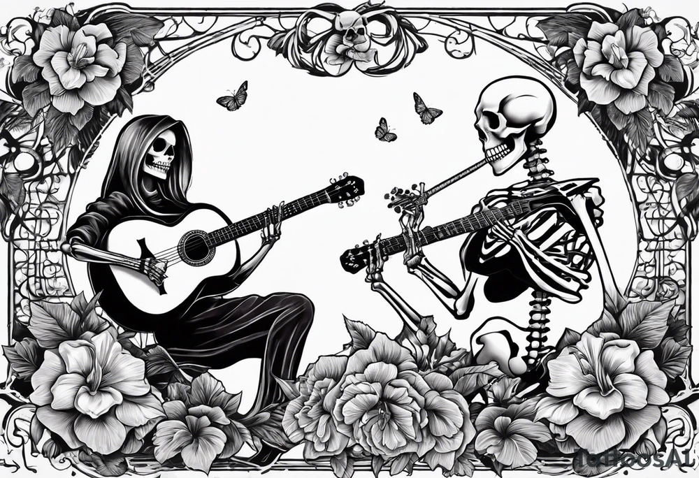 a female skeleton holding a hibiscus flower and a male skeleton playing a guitar. The scene should capture a moment of connection between the two, with the female skeleton attentively listening to the music played by the male skeleton. tattoo idea