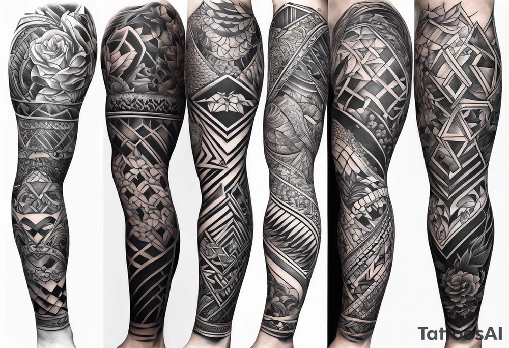 Mix match full leg sleeve male tattoo idea