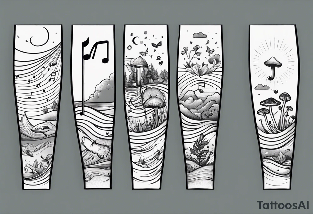 lots of empty space with simple line of icons down the back of the arm. there are four icons in this order:

1. a music note on a staff
2. a wave of water
3. a pocket
4. mushroom tattoo idea