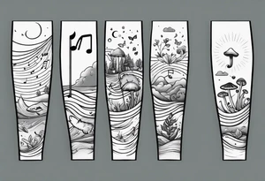 lots of empty space with simple line of icons down the back of the arm. there are four icons in this order:

1. a music note on a staff
2. a wave of water
3. a pocket
4. mushroom tattoo idea