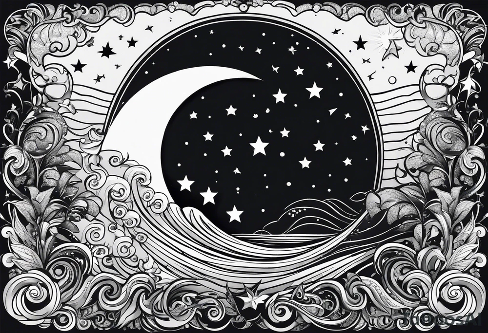 mezcla de sol luna y mar con estrellas brillantes, sin bordes, sencillo, minimalista tattoo idea