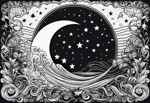 mezcla de sol luna y mar con estrellas brillantes, sin bordes, sencillo, minimalista tattoo idea