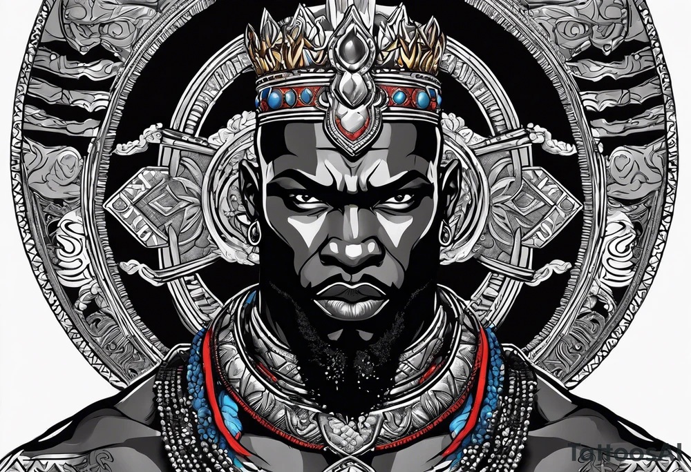 Black-skinned bald african god of war. He has a silver crown. He wears two simple necklaces: one blue, other red. Looking front tattoo idea