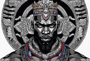Black-skinned bald african god of war. He has a silver crown. He wears two simple necklaces: one blue, other red. Looking front tattoo idea
