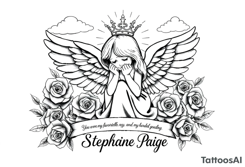 A beautiful memorial tribute tattoo with a fallen angel with big beautiful wings kneeled down crying with roses all around and clouds above and beams of haven shining down. With the saying " You were my favorite hello,and my hardest goodbye.Until we meet again,my sweet girl,rest easy" with the name Stephanie Paige underneath the saying ,all in bold beautiful writing or font. Add a bold crown at the top of it all and any extras you feel would blend or go with this idea. tattoo idea
