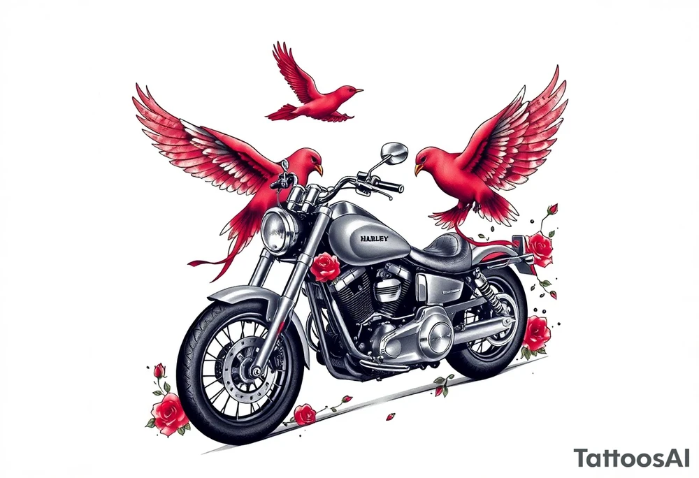Harley grey motorcycle driving away, two red birds flying, roses, flames,angel wings tattoo idea