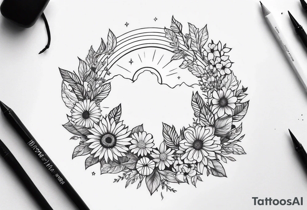 A floral wreath around a brilliant sun tattoo idea