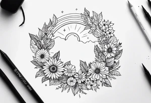 A floral wreath around a brilliant sun tattoo idea
