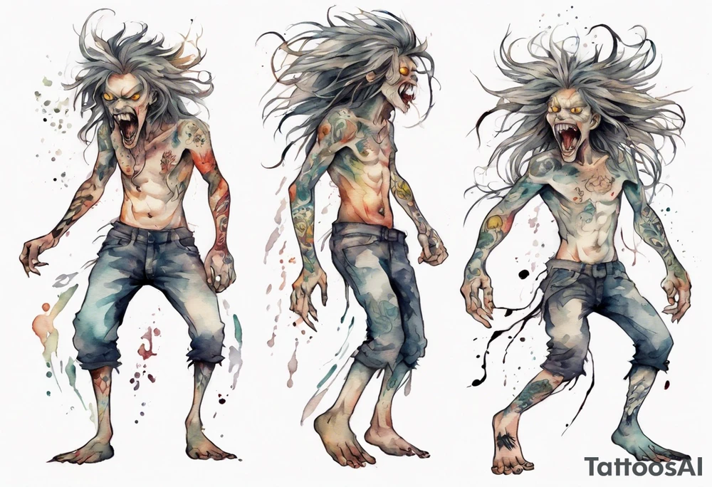 a thin creature walking upright with messy hair, white eyes, screaming tattoo idea
