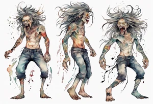 a thin creature walking upright with messy hair, white eyes, screaming tattoo idea