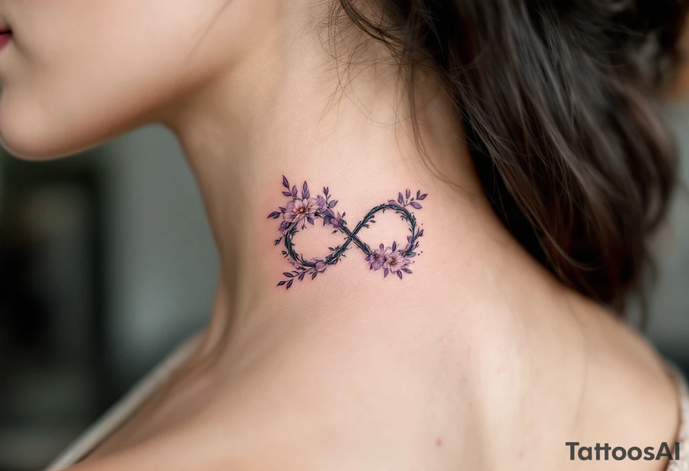 Floral infinity sign incorporating "Sofie – 8.6.2021 v 11:20" in lavender and soft beige. tattoo idea