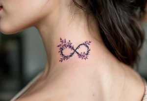 Floral infinity sign incorporating "Sofie – 8.6.2021 v 11:20" in lavender and soft beige. tattoo idea