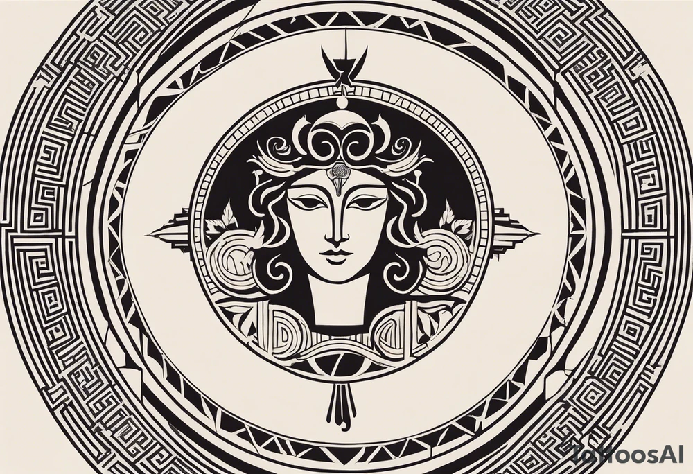 "Design a minimalist round tattoo inspired by ancient Greek art, centered around Dionysus and his love for theater. Create a circular composition with Dionysus depicted in the center, holding a theatrical mask and a goblet of wine. Surround him with simple yet symbolic elements such as geometric patterns reminiscent of ancient Greek pottery. Ensure the design maintains a minimalist style, with clean lines and limited detail, while capturing the essence of Dionysus's affinity for both wine and theater within the circular frame." tattoo idea
