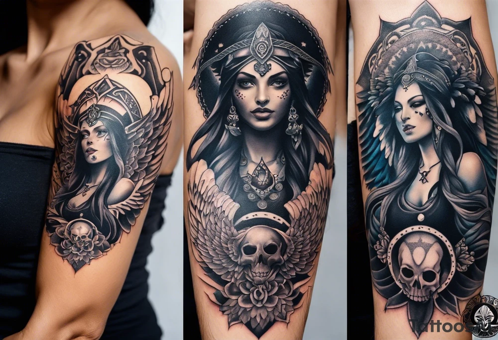 black kali, goddess pirate, alien, angel, pachamama, valkrye, warrior, flying, skull, lotus azul, wing, eagle, zenza resonance, stars, 5D, anahata chakra, death, durga, riding on a tiger, flying lady, kundalini, chest tatoo tattoo idea