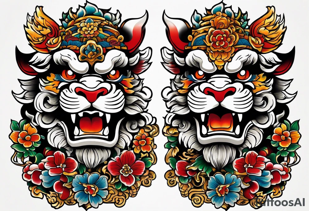 Pair of Okinawa shisa on chest. 1980s Yakuza style. Simple tattoo idea