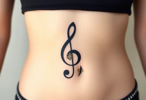 A geometric treble clef with sharp lines, made from bold black ink and accented with geometric shapes in gold tattoo idea