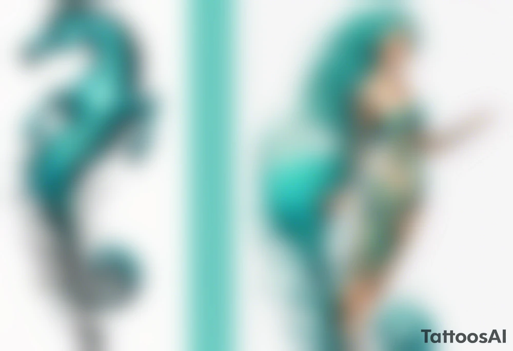 a tall woman made of water with turquoise hair riding a seahorse tattoo idea