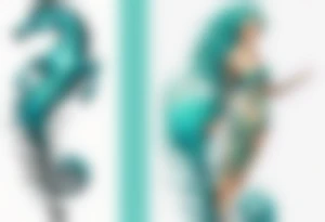 a tall woman made of water with turquoise hair riding a seahorse tattoo idea