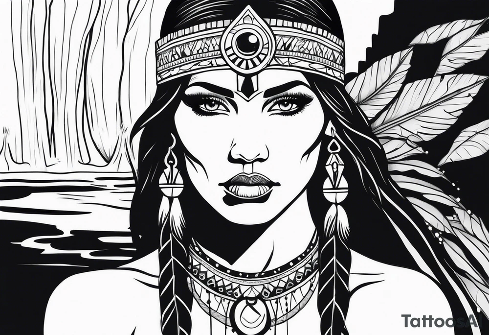 A native American Indian woman by a waterfall she is Aquarius water barrer she has tattoos and her eyes can see right through you tattoo idea