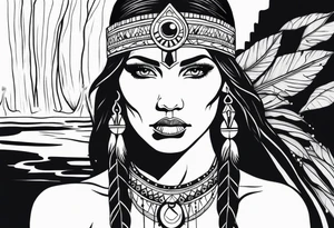 A native American Indian woman by a waterfall she is Aquarius water barrer she has tattoos and her eyes can see right through you tattoo idea