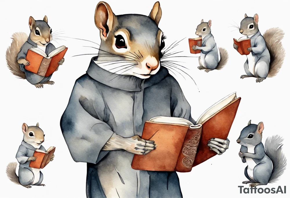 a grey squirrel dressed in a tunic holding a large book tattoo idea