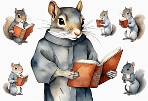 a grey squirrel dressed in a tunic holding a large book tattoo idea