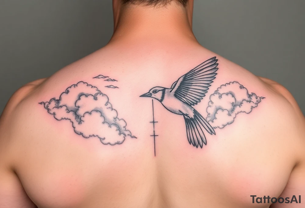 Bluejay, clouds, shining light to or from heaven tattoo idea