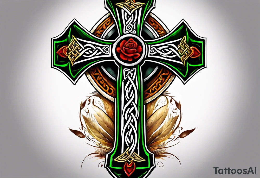 Celtic cross shamrocks in center one feather hanging from each side of cross tattoo idea