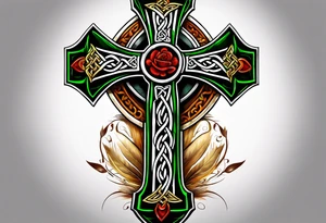 Celtic cross shamrocks in center one feather hanging from each side of cross tattoo idea