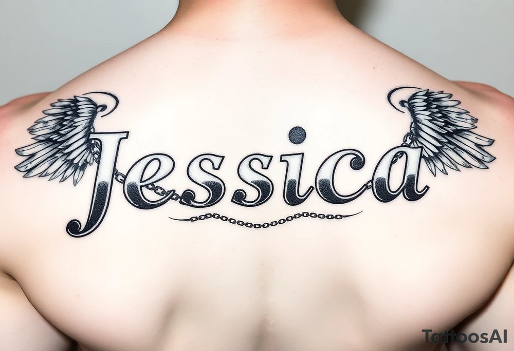 the name jessica with 3d shaded letters a healing vibe with broken chains and angel feathers tattoo idea