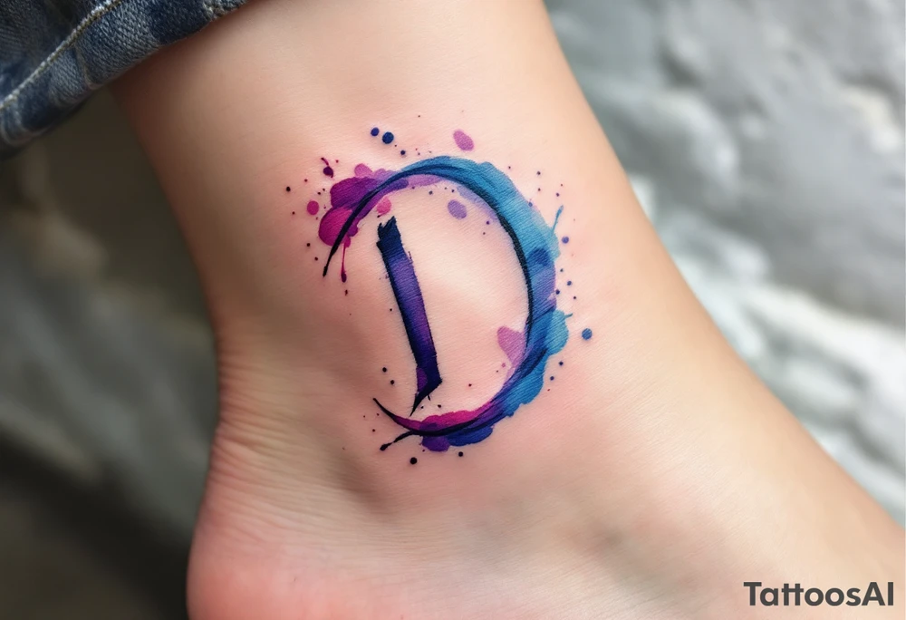 Watercolor Brushstroke D – A bold, free-flowing D painted with vibrant blue and purple watercolor splashes fading outward. tattoo idea