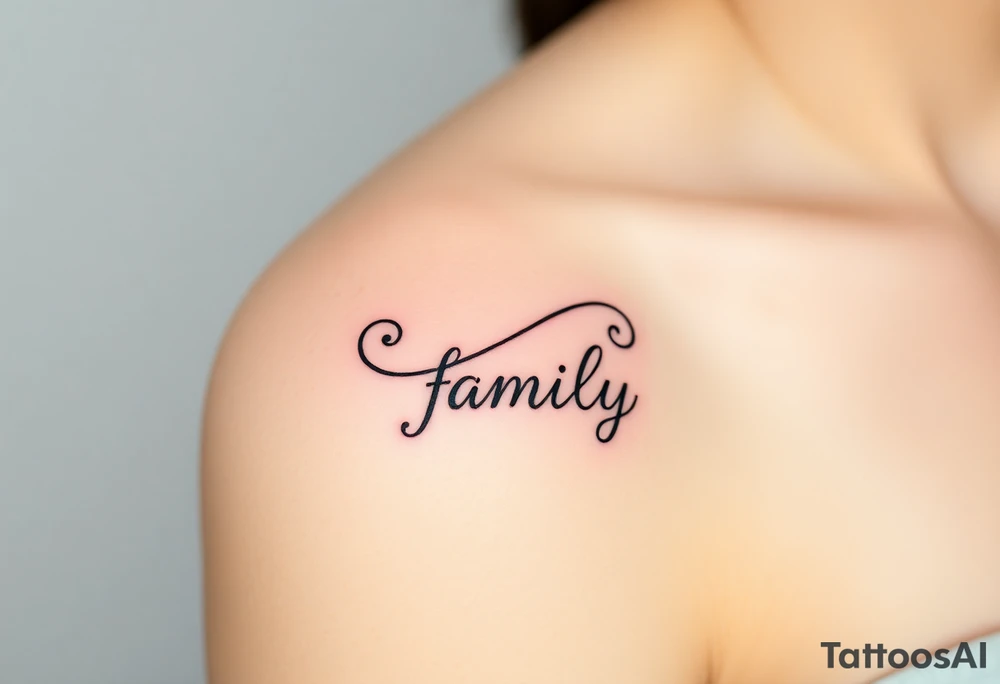 A flowing infinity symbol intertwined with the word "family" written in elegant cursive, symbolizing endless love and connection tattoo idea