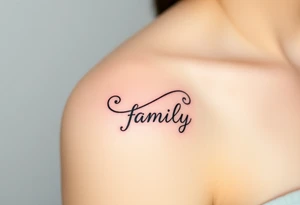 A flowing infinity symbol intertwined with the word "family" written in elegant cursive, symbolizing endless love and connection tattoo idea