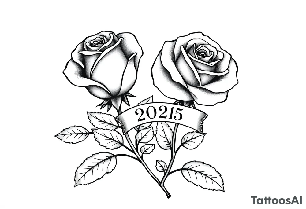 two beautiful large rose buds, one larger than the other, with many leaves next to the rose buds, with one sitting higher than the other. Include a banner connecting the two roses with the year "2025" on it.   Use dark outlines with little shading. The two stems should be short, not long, and connect and join into one stem, whimsically curved or twisted - not straight down. tattoo idea