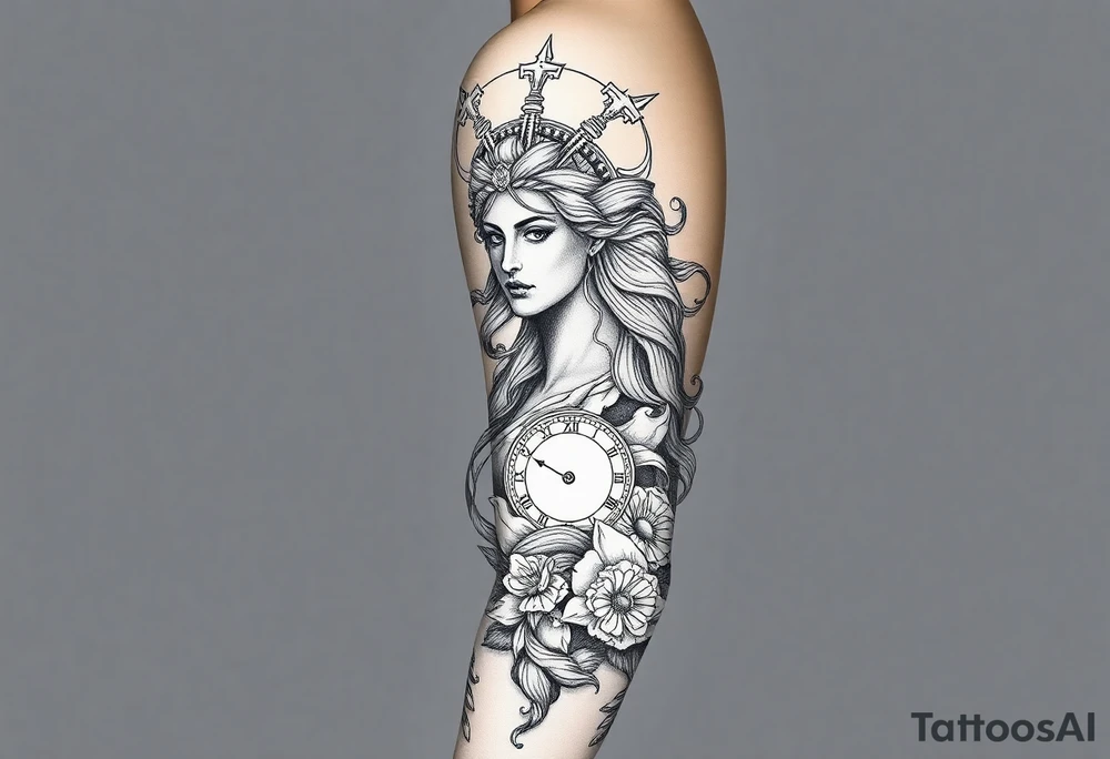 powerful Greek Goddess tattoo sleeve. add big pieces of greek goddess like medusa and Athena and add some piece in there of the weight scale and clocks and maybe little lettering in there. make it not super dark work use Pinterest inspiration. make it’s not covering the entire arm most of it but not fully covered add multiple greek goddess not just one tattoo idea
