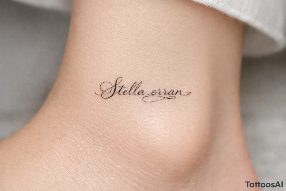 Stella erran, and then beautiful calligraphy cursive on the inner ankle tattoo idea
