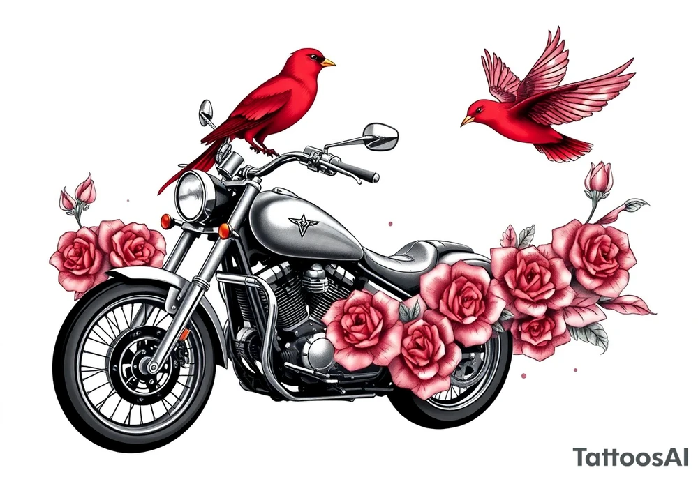Motorcycle driving away, two red birds flying, roses and lace, flames tattoo idea