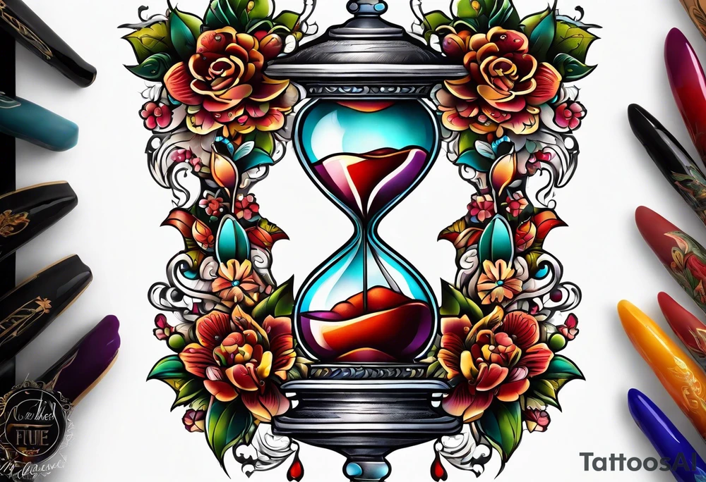 Floral leg piece with beading and lace tattoo idea. colorful, old school flowers, highly detailed, florals. white background. beautiful hourglass at the center, intricate highly detailed, tattoo idea