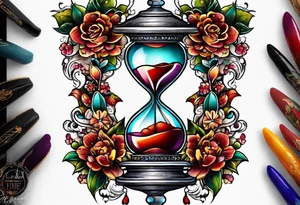 Floral leg piece with beading and lace tattoo idea. colorful, old school flowers, highly detailed, florals. white background. beautiful hourglass at the center, intricate highly detailed, tattoo idea